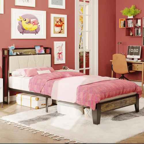 Miniatura 90 de LIKIMIO Base de cama Queen, cabecera de almacenamiento con estación de carga, sólida y estable, sin ruido, no necesita somier, fácil montaje Vintage