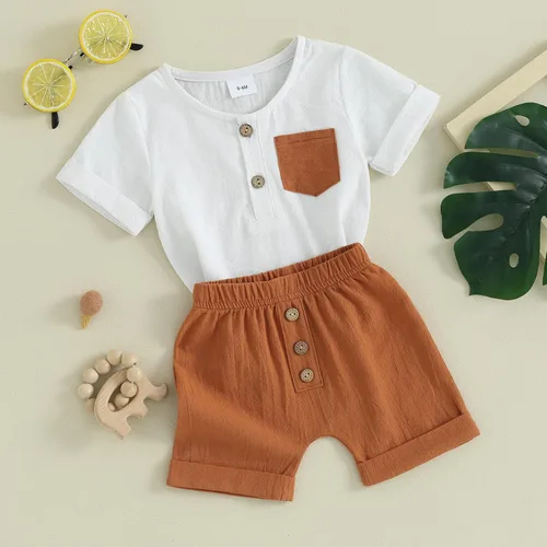 Miniatura 80 de Conjunto de ropa casual de manga corta con botones y pantalones cortos de lino para bebés y niños pequeños