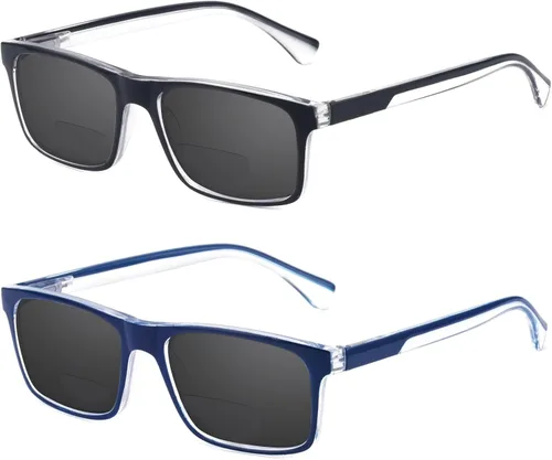 Missfive Paquete de 2 lentes de lectura solar bifocales ligeros para hombre, bloqueo de luz azul, cercano/lejano, doble uso, bisagra de resorte,