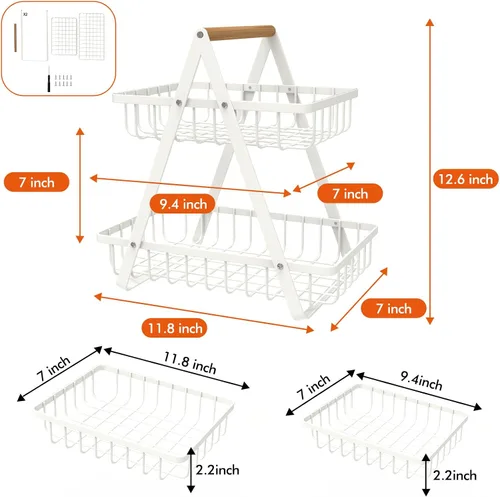 Miniatura 6 de Mahueeol - Cesta de frutas de 2 niveles para encimera, tazón de frutas portátil para organizador de cocina, almacenamiento y sala de comedor