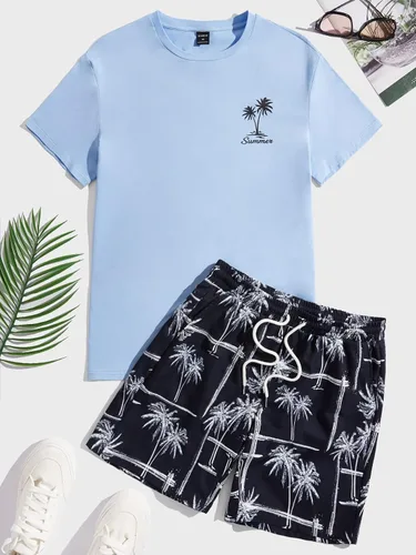 Miniatura 69 de GORGLITTER Conjunto de 2 piezas de camiseta gráfica de manga corta para hombre, estampado hawaiano con cordón y pantalones cortos