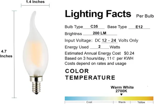Miniatura 3 de Bombilla LED de bajo voltaje DC 12V 2W para candelabro de 12V-24V CC, 12V CA, color de luz blanca cálida 2700K, base pequeña E12, reemplazo