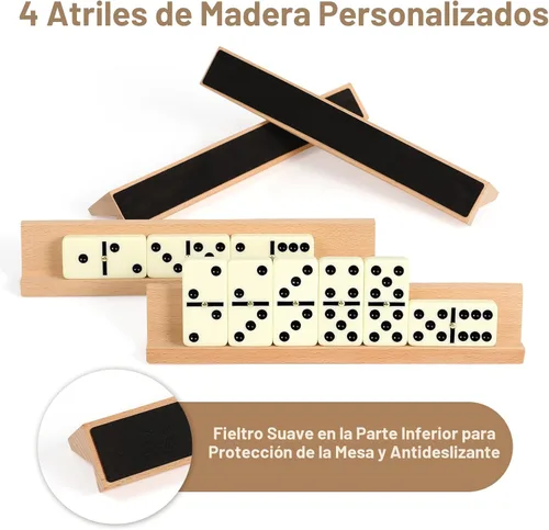 Miniatura 4 de Conjunto de dominós jumbo para adultos con 4 estantes/bandejas de madera, juego de dominós doble 6 de viaje con estuche portátil, juego de dominós