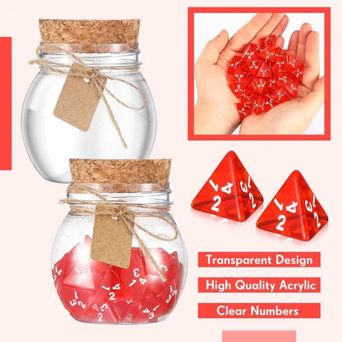 Miniatura 3 de Wettarn 120 dados D4 transparentes rojos D4, 6 botellas de poción curativa, tarros de plástico con tapas de corcho, juego de dados poliédricos