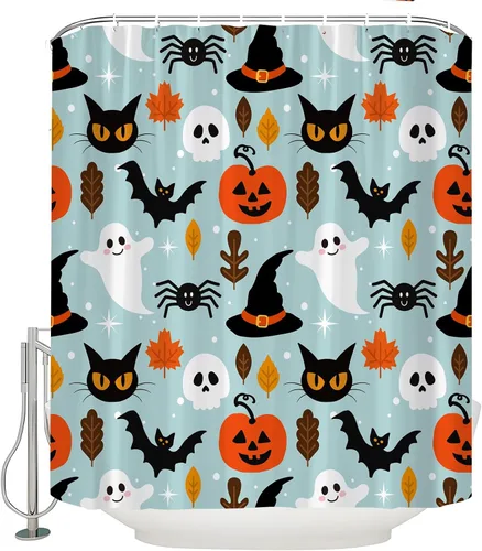 Miniatura 5 de Cortina de ducha azul de Halloween, linda cortina de baño de fantasma, terror, calabaza, espeluznante, gato negro, calavera aterradora, murciélago