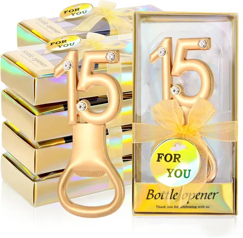 24 abrebotellas doradas con 15 abrebotellas para fiestas de cumpleaños de 15 años, decoraciones de diamantes de imitación para bodas, aniversarios,