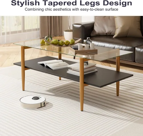 Miniatura 4 de Furnify Mesa de centro de cristal, mesa central rectangular para sala de estar con patas doradas, mesas decorativas modernas de mediados de siglo