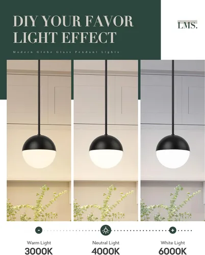 Miniatura 8 de LMS Luces colgantes negras de 8 pulgadas para isla de cocina, lámpara colgante moderna de globo con vidrio esmerilado, lámpara colgante Negro