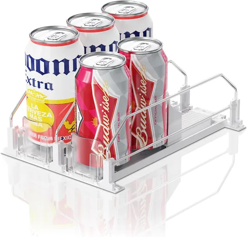 Miniatura 12 de Organizador de Bebidas para Refrigerador, 12oz 16oz 20oz - Dispensador de Latas de Refresco para Refrigerador, Ancho Ajustable, Deslizador Negro