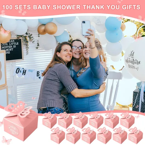 Miniatura 7 de Fulmoon 100 cajas de regalo de mariposa para baby shower, cajas de regalo de mariposa rosa, caramelo rosa, regalo de baby shower con 100 etiquetas