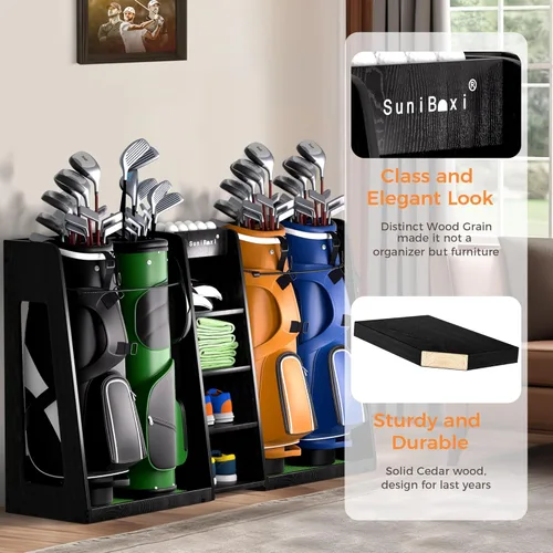 Miniatura 2 de SuniBoxi Organizador de golf para garaje, estante de almacenamiento de madera XL para 4 bolsas, clubes, pelotas y equipos, soporte para bolsas