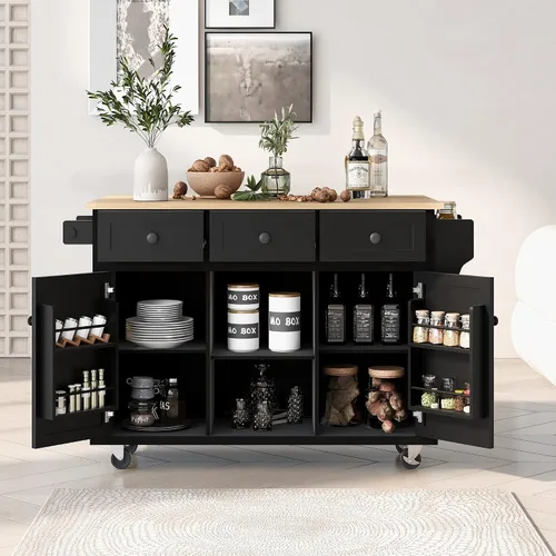 Miniatura 22 de Delicate Rolling Kitchen Island Cart with Rubber Wood Drop-Leaf Countertop and Lockable Rollers,Storage Cabinet and 2 Drawers,Sliding Barn Door