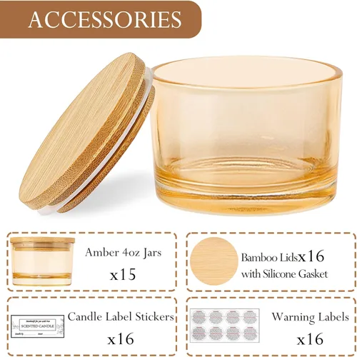 Miniatura 2 de CONNOO Paquete de 15 tarros de vela de vidrio ámbar dorado de 4 onzas con tapas herméticas de bambú para hacer velas, recipientes vacíos de boca Oro