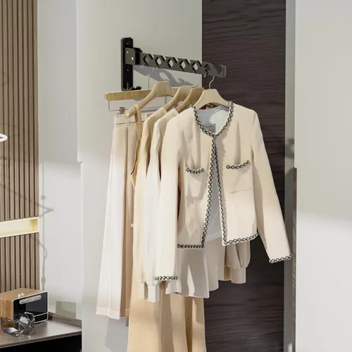 Miniatura 6 de Dr.DJ Soporte para colgar abrigos de pared, organizador de secado de ropa negra, ganchos de aluminio, retráctiles, plegables, para interiores