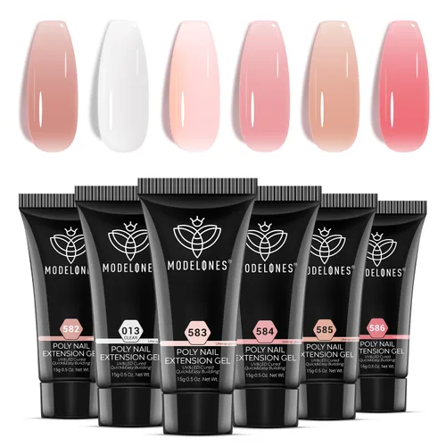 Miniatura 10 de Modelones - Juego de gel de uñas de polietileno, 6 colores de la colección Confeti Rosa, rosa desnudo, colores con purpurina, gel de extensión