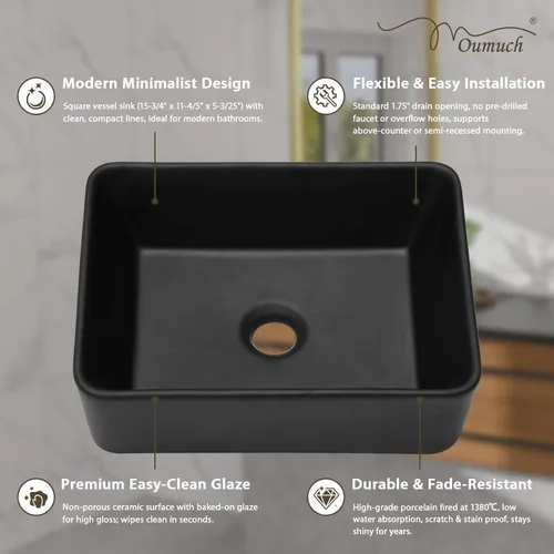 Miniatura 6 de Fregadero de baño rectangular negro de 16 pulgadas de ancho x 12 pulgadas de profundidad, fregaderos de cerámica para baño, lavabo moderno