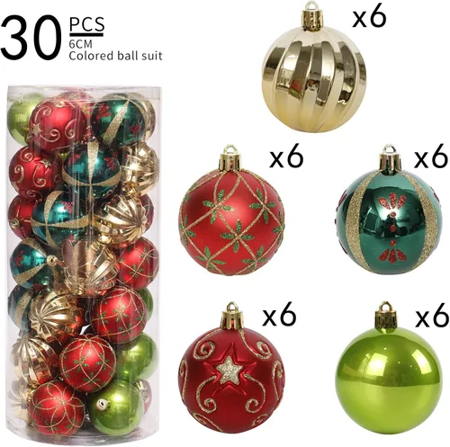Miniatura 2 de ROSELEAF Adornos para árbol de Navidad irrompibles de 2.36 pulgadas, 30 unidades, bolas colgantes de plástico color rojo, verde y dorado