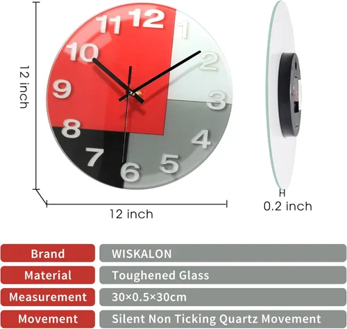 Miniatura 3 de WISKALON Reloj de pared abstracto de cristal geométrico de 12 pulgadas en blanco, gris, rojo y negro, funciona con pilas, reloj de cuarzo silencioso