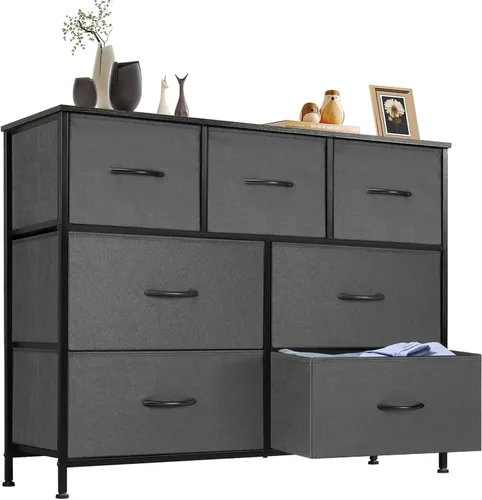 Miniatura 12 de Sweetcrispy Cómoda para dormitorio, cómoda de tela con 8 cajones, cómoda para armario, sala de estar, marco de acero resistente, parte superior