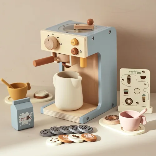 EERKEOD Cafetera de juguete para niños, cafetera de madera para niños, juego para niños pequeños, accesorios de cocina, regalo para niñas y niños