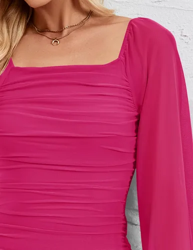 Miniatura 5 de ZESICA Vestido midi sexy y fruncido para mujer 2023, manga larga, cuello cuadrado, espalda descubierta, cóctel, fiesta, boda
