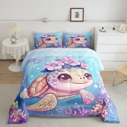 Miniatura 22 de Erosebridal Juego de edredón de ballena náutica, tamaño individual, juego de ropa de cama vintage azul con ondas oceánicas para niños y niñas