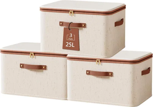 Miniatura 8 de Tuza 3 Piezas Contenedores Rígidos de Almacenamiento con Tapa con Cremallera, Cajas de Almacenamiento de Tela de Lino de Algodón, Cubos