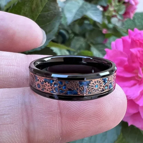 Miniatura 4 de Wow Jewelers - Anillo de tungsteno de 6 mm y 8 mm color negro, plateado, rojo y azul para hombres y mujeres, anillos de matrimonio estilo Steampunk