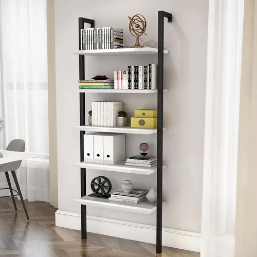 Miniatura 10 de DKLGG Estantería de escalera de 5 niveles, estantería industrial montada en la pared, estantería de escalera estrecha con tablero de madera y marco