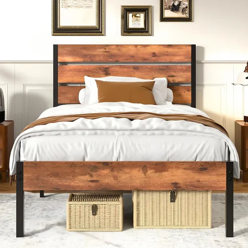 VECELO Base de cama tamaño individual, plataforma de metal resistente con cabecera de madera, no necesita somier, color marrón antiguo
