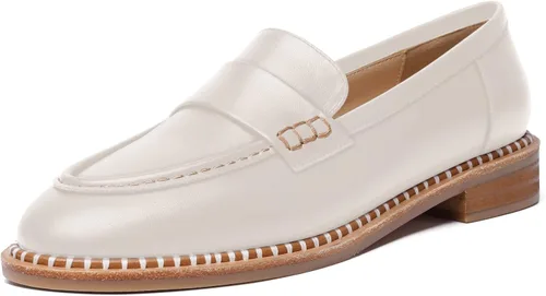 Miniatura 24 de FOGEENA Mocasines de cuero mate para mujer, estilo casual, sin cordones, punta redonda, tacón bajo grueso, zapatos de vestir de 1 pulgada