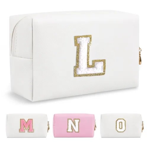 Miniatura 249 de Pequeña bolsa de maquillaje personalizada con inicial A-Z Preppy Patch, bolsa de cosméticos de viaje de felpilla blanca con cremallera, bonita bolsa
