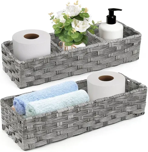 LotFancy Cesta de almacenamiento de papel higiénico, paquete de 2 cestas tejidas para tanque de inodoro, cesta de almacenamiento trasera del