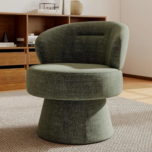 Miniatura 16 de Silla giratoria de 360° con respaldo curvo, moderna silla redonda tapizada de felpilla blanca, sillón tipo cubo para espacio pequeño, sala de estar