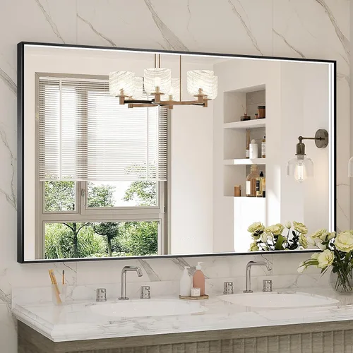 Miniatura 26 de Espejo de baño LED de 24x32 pulgadas con luces, espejo LED con marco de metal negro para baño, 3 colores y luz regulable sin escalones montada