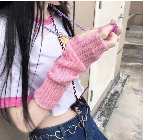 Miniatura 4 de Linda manga de brazo Kawaii para mujer, Acubi Preppy - Calentadores de muñeca de punto Fairycore estéticos guantes de invierno sin dedos Negro
