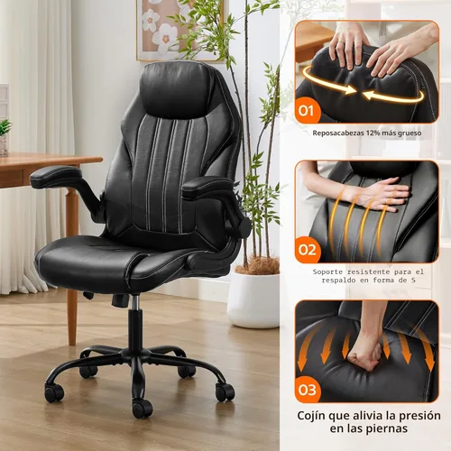 Miniatura 7 de Silla de escritorio de oficina, silla ergonómica para computadora con brazos abatibles acolchados y soporte lumbar ajustable, silla ejecutiva
