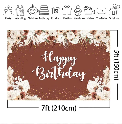 Miniatura 4 de Mocsicka Telón de fondo de vinilo de feliz cumpleaños dorado borgoña para niñas, bohemio, hierba de las pampas, puntos dorados, fondo de fotografía