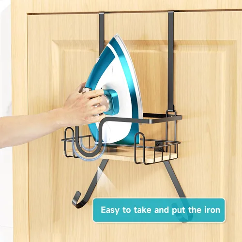 Miniatura 5 de Soporte para tabla de planchar para montaje en pared, colgador de tabla de planchar sobre la puerta con cesta de almacenamiento, soporte de hierro