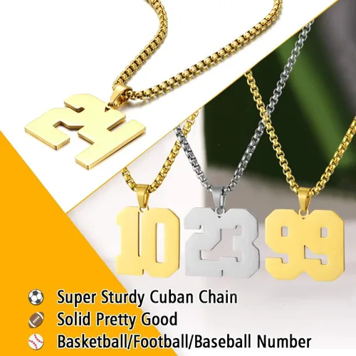 Miniatura 5 de Collar de Número Dorado para Hombre, Cadena de Acero Inoxidable con Colgante de Número para Atletas, Joyería Deportiva Personalizada para Niños