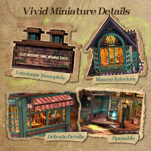 Miniatura 4 de FUNPOLA Rompecabezas de madera 3D con luces LED, kit en miniatura de bricolaje, librería hechizada, exhibición de decoración del hogar, regalo