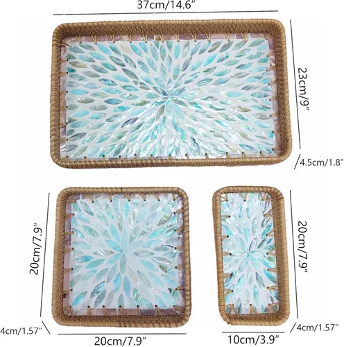 Miniatura 3 de i-lan Juego de 3 bandejas rectangulares de ratán y nácar azul de 15 pulgadas, bandejas tejidas de ratán natural, rectangulares bohemias, cestas
