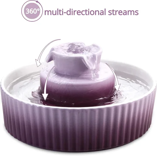 Miniatura 5 de Fuente de agua de cerámica para gatos, 2.1L/71 onzas, fuente para cupcakes para gatos y perros en interiores, 2 bombas ultra silenciosas (morado)