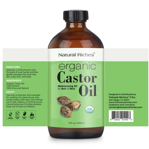 Miniatura 2 de Natural Riches Aceite de ricino orgánico sin refinar, botella de vidrio prensado en frío, certificado por USDA para piel seca, pérdida de cabello