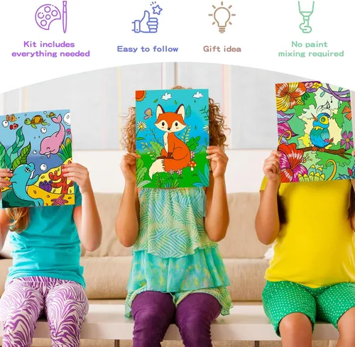 Miniatura 5 de Volmop Paquete de 3 pinturas por números para niños de 8 a 12 años, 10 x 8 pulgadas, lienzo enmarcado con 17 pinturas acrílicas y 6 pinceles Fox