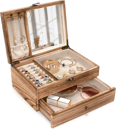 Emfogo Joyero para niñas y mujeres cajas de joyería de madera rústica de 2 capas y organizadores con espejo caja organizadora de joyas de madera