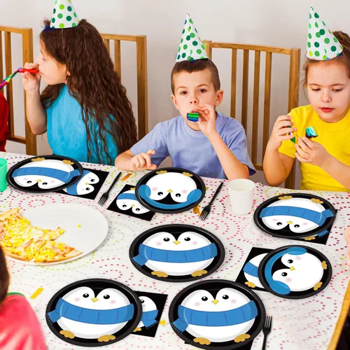 Miniatura 6 de 96 piezas de suministros para fiesta de cumpleaños de pingüino, platos de papel, servilletas, temática de invierno de pingüino, fiesta de Navidad