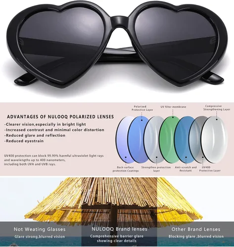 Miniatura 5 de NULOOQ Gafas de sol polarizadas en forma de corazón para mujer, estilo retro a la moda, marco grande, estilo encantador con protección UV 100%