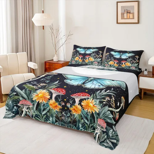 Miniatura 23 de Erosebridal Juego de sábanas tamaño individual con estampado de luna, diseño de flores de loto, color morado degradado, juego de sábanas orientales