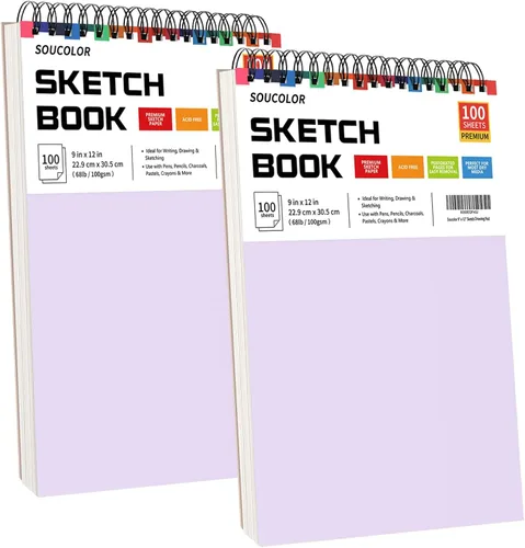Miniatura 23 de Soucolor - Cuaderno de bocetos de 9 x 12 pulgadas, paquete de 4 de 100 hojas, encuadernado en espiral, libre de ácido (68 libras/100 g/m²), papel